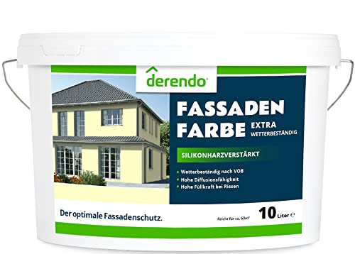 derendo Fassadenfarbe gelb 10l mit EXTRA hohem Wetterschutz, matte silikonharzverstärkte Fassaden Farbe, hohe Deckkraft und gute Füllkraft bei kleinen Rissen (Buttergelb 7-21) von derendo