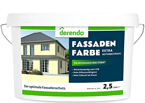 derendo Fassadenfarbe gelb 2,5l mit EXTRA hohem Wetterschutz, matte silikonharzverstärkte Fassaden Farbe, hohe Deckkraft und gute Füllkraft bei kleinen Rissen (Buttergelb 7-21) von derendo