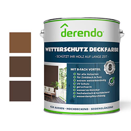 derendo Holzfarbe braun, 2,5L seidenglänzend, Wetterschutzfarbe für Außen, Holzschutzfarbe mit hoher Deckkraft, wasserverdünnbar (2,5L, mahagonibraun RAL 8016) von derendo