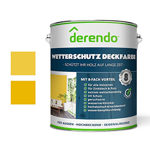 Derendo Holzfarbe gelb, 2,5L seidenglänzend, Wetterschutzfarbe für Außen, Holzschutzfarbe mit hoher Deckkraft, wasserverdünnbar (2,5L, zinkgelb RAL 1018) von derendo