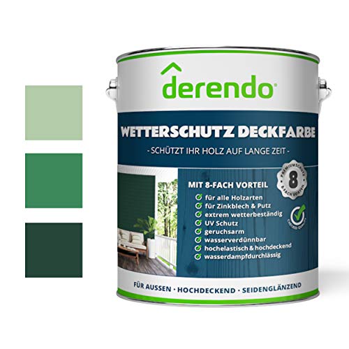 Derendo Holzfarbe grün, 2,5L seidenglänzend, Wetterschutzfarbe für Außen, Holzschutzfarbe mit hoher Deckkraft, wasserverdünnbar (2,5L, moosgrün RAL 6005) von derendo