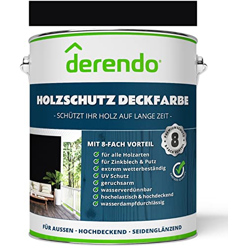 Derendo Profi Holzschutzfarbe Aqua schwarz für Außen, 750 ml wasserverdünnbare Wetterschutzfarbe, seidenglänzend, verschiedene Farbtöne, Holzfarbe mit sehr hoher Deckkraft (tiefschwarz RAL 9005) von derendo