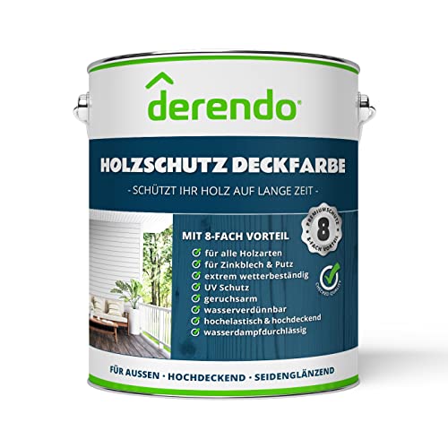 Derendo Profi Holzschutzfarbe Aqua für Außen, 2,5l, wasserverdünnbare Wetterschutzfarbe, seidenglänzend, Holzfarbe mit sehr hoher Deckkraft (weiss grau blau uva.) von derendo