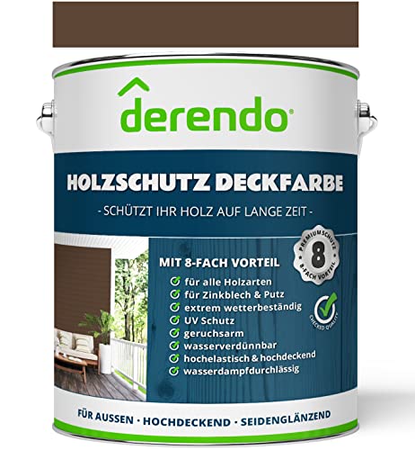 derendo Profi Holzschutzfarbe Aqua braun für Außen, 2,5L wasserverdünnbare Wetterschutzfarbe, seidenglänzend, verschiedene Farbtöne, Holzfarbe mit sehr hoher Deckkraft (dunkelbraun RAL 8011) von derendo