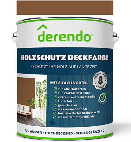 derendo Profi Holzschutzfarbe Aqua braun für Außen, 2,5L wasserverdünnbare Wetterschutzfarbe, seidenglänzend, verschiedene Farbtöne, Holzfarbe mit sehr hoher Deckkraft (lehmbraun RAL 8003) von derendo