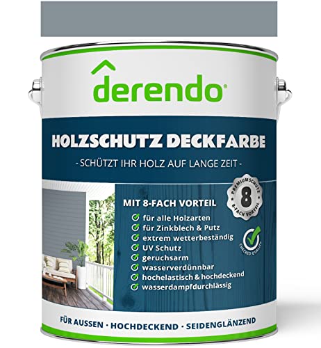 derendo Profi Holzschutzfarbe Aqua grau für Außen, 2,5l wasserverdünnbare Wetterschutzfarbe, seidenglänzend, verschiedene Farbtöne, Holzfarbe mit sehr hoher Deckkraft (silbergrau RAL 7001) von derendo