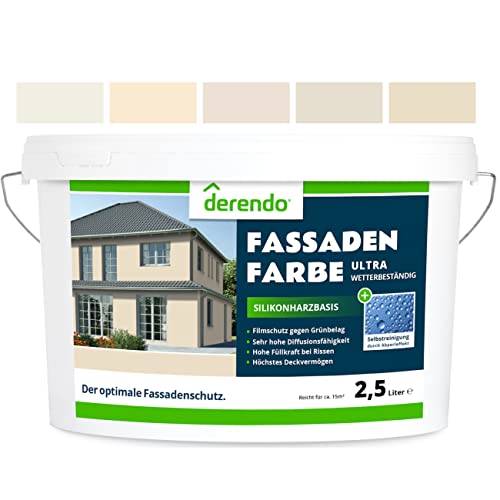 derendo Silikonharz Fassadenfarbe beige mit ULTRA Wetterschutz, 2,5l, Abperleffekt wie beim Lotus Blatt, inkl. Filmschutz gegen Grünbelag, (Cremefarben) von derendo