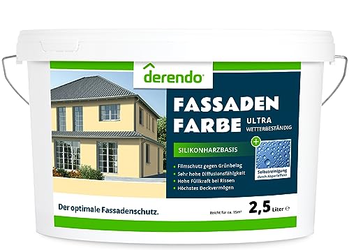 derendo Silikonharz Fassadenfarbe gelb mit ULTRA Wetterschutz, 2,5l, Abperleffekt wie beim Lotus Blatt, inkl. Filmschutz gegen Grünbelag, (Sandgelb) von derendo