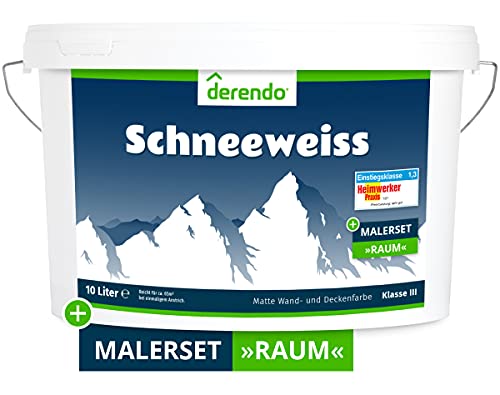 derendo Wandfarbe weiß mit Premium Malerzubehör zum Streichen von 1-2 Räumen, Innenfarbe mit hoher Deckkraft, 10l, matt von derendo