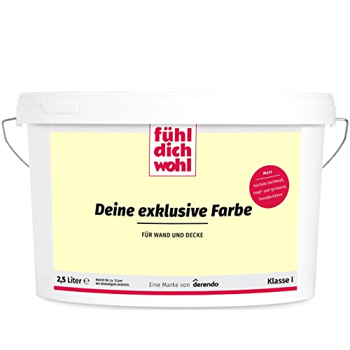 derendo Fühl Dich Wohl Wandfarbe gelb, matte Innenfarbe gelb, hohe Deckkraft Klasse 1, verschiedene Gelbtöne zur Auswahl (2,5L, Buttergelb E7-21) von derendo