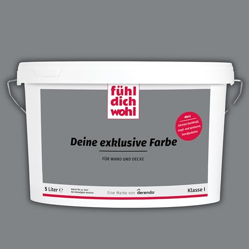 derendo Fühl Dich Wohl Deine Farbe grau, matte Wandfarbe grau, hohe Deckkraft, verschiedene Grautöne zur Auswahl (5L, Asphaltgrau) von derendo