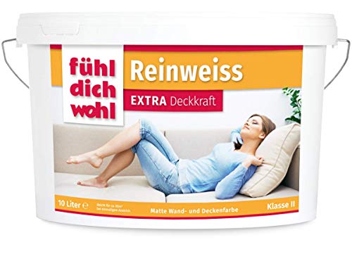 FühlDichWohl Reinweiss Extra sehr hohe Deckkraft - 10l Wandfarbe weiß matt - Innenfarbe für gehobene Ansprüche, starke Deckkraft für Innenwände und Decken, tropfarm, premium Wandfarbe strahlend weiß von derendo