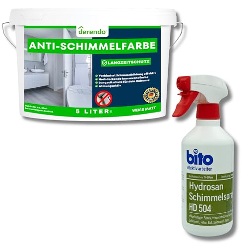 derendo Anti Schimmelfarbe für feuchte Räume Badezimmer Schlafzimmer Wandfarbe innen weiß mit sehr hohe Deckkraft Schimmelbeseitigung Schimmelentferner Langzeitschutz (5 Liter + Schimmelentferner) von derendo