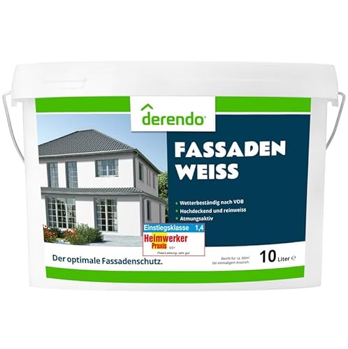 derendo Fassadenfarbe „Fassadenweiss“ 10 Liter Testsieger weiß matte Wandfarbe für außen und innen atmungsaktive Dispersionsfarbe mit hohe Deckkraft für Neu- und Renovierungsanstriche von derendo