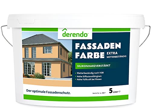 derendo Fassadenfarbe terracotta 5l mit EXTRA hohem Wetterschutz, matte silikonharzverstärkte Fassaden Farbe, hohe Deckkraft und gute Füllkraft bei kleinen Rissen (Ockergelb) von derendo