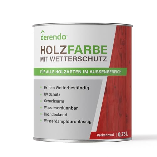 derendo Holzfarbe rot hellrot außen wetterfest Wetterschutzfarbe Langzeitschutz 750ml RAL 3020 seidenglänzend Holzlack verkehrsrot Außenbereich Holzschutzlasur hohe Deckkraft von derendo
