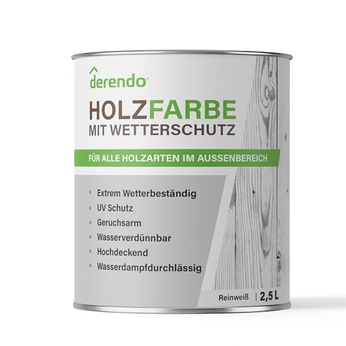 derendo Holzfarbe weiß außen wetterfest Wetterschutzfarbe Holz 2,5L RAL 9010 seidenglänzend Holzlack reinweiß Außenbereich Holzschutzlasur hohe Deckkraft derendo Holzfarbe weiß außen wetterfest Wetterschutzfarbe Holz 2,5L RAL 9010 seidenglänzend Holzlack reinweiß Außenbereich Holzschutzlasur hohe Deckkraft von derendo