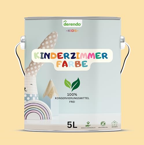 derendo Kinderzimmer Wandfarbe – Umweltfreundlich, Geruchsneutral, Hohe Deckkraft, Schadstofffrei – Farbenfrohe Auswahl pastellfarben Farbe (Gelb - Bienengelb, 5 Liters) von derendo