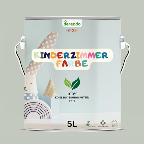 derendo Kinderzimmer Wandfarbe – Umweltfreundlich, Geruchsneutral, Hohe Deckkraft, Schadstofffrei – Farbenfrohe Auswahl pastellfarben Farbe (Grün - Dino Grün, 5 Liters) von derendo