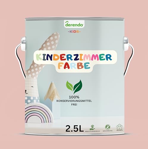 derendo Kinderzimmer Wandfarbe – Umweltfreundlich, Geruchsneutral, Hohe Deckkraft, Schadstofffrei – Farbenfrohe Auswahl pastellfarben Farbe (Rosa - Feenstaub Rosa, 2,5 Liters) von derendo