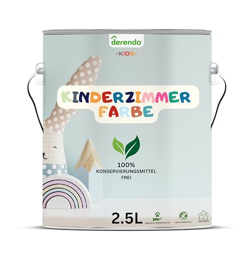 derendo Kinderzimmer Wandfarbe – Umweltfreundlich, Geruchsneutral, Hohe Deckkraft, Schadstofffrei – Farbenfrohe Auswahl pastellfarben Farbe (Weiss, 2,5 Liters) von derendo