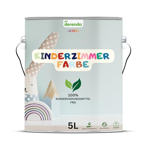 derendo Kinderzimmer Wandfarbe – Umweltfreundlich, Geruchsneutral, Hohe Deckkraft, Schadstofffrei – Farbenfrohe Auswahl pastellfarben Farbe (Weiss, 5 Liters) von derendo