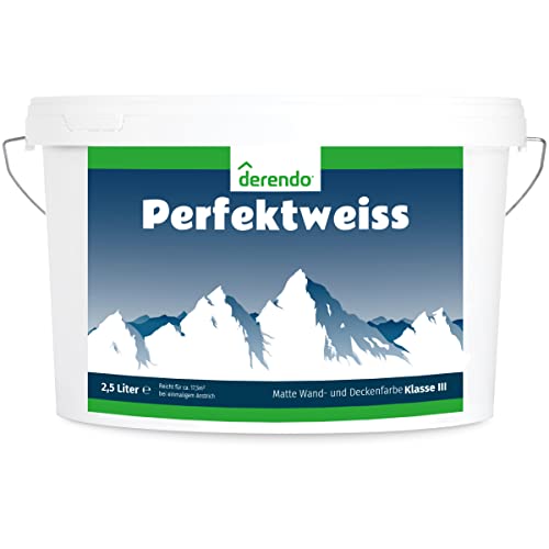 derendo Perfektweiss, wandfarbe 2,5l weiß mit hoher Deckkraft universelle Wandfarbe weißmatt, für Innenwände und Decken geeignet tropfarm streichen, Dispersionsfarbe weiß 2,5 Liter von derendo