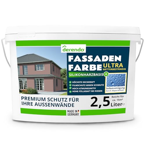 derendo Silikonharz Fassadenfarbe Braun ULTRA Wetterschutz Schokobraun 2.5 l aussen Fassade Silikonharzfarbe mit Abperleffekt Lotus Blatt Fassadenschutz Schmutzabweisende Silikonharzbeschichtung von derendo