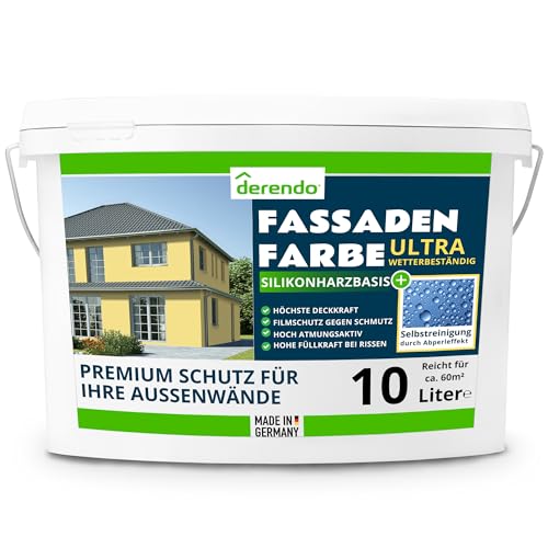 derendo Silikonharz Fassadenfarbe Gelb ULTRA Wetterschutz Cremegelb 10 l aussen Fassade Silikonharzfarbe mit Abperleffekt Lotus Blatt Fassadenschutz Schmutzabweisende Silikonharzbeschichtung von derendo