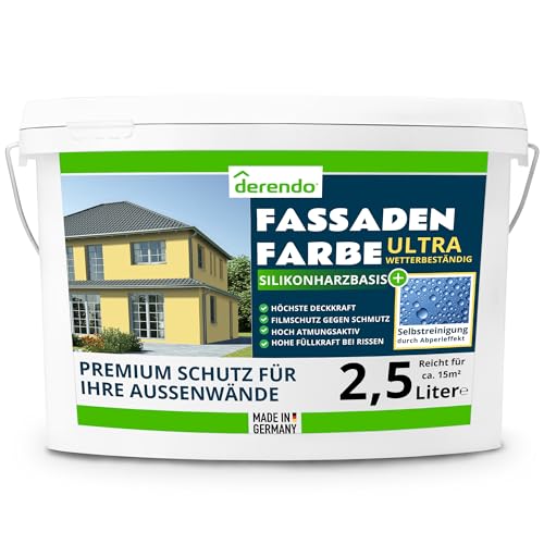 derendo Silikonharz Fassadenfarbe Gelb ULTRA Wetterschutz Cremegelb 2.5 l aussen Fassade Silikonharzfarbe mit Abperleffekt Lotus Blatt Fassadenschutz Schmutzabweisende Silikonharzbeschichtung von derendo