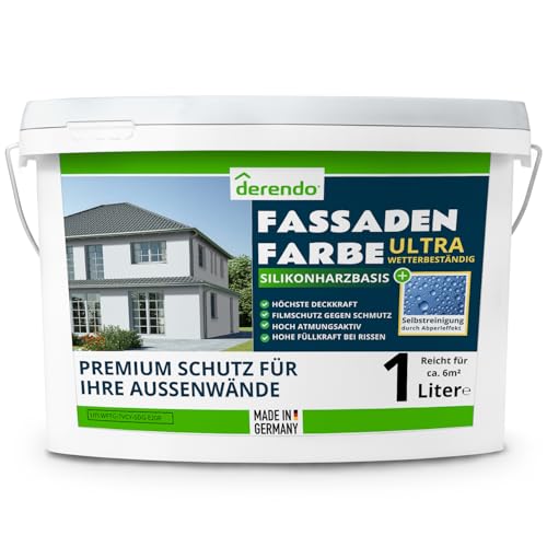 derendo Silikonharz Fassadenfarbe Grau ULTRA Wetterschutz Lichtgrau 1l aussen Fassade Silikonharzfarbe mit Abperleffekt Lotus Blatt Fassadenschutz Schmutzabweisende Silikonharzbeschichtung von derendo