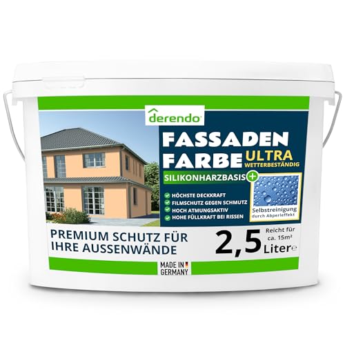 derendo Silikonharz Fassadenfarbe Terracotta ULTRA Wetterschutz Hellorange 2.5 l aussen Fassade Silikonharzfarbe mit Abperleffekt Lotus Blatt Fassadenschutz Schmutzabweisende Silikonharzbeschichtung von derendo