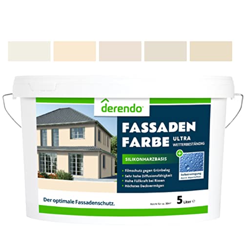 derendo Silikonharz Fassadenfarbe beige mit ULTRA Wetterschutz, 5l, Abperleffekt wie beim Lotus Blatt, inkl. Filmschutz gegen Grünbelag, (Cremebeige 5-31) von derendo