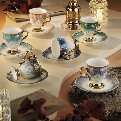 derya home Gonca Porzellan Espressotassen Set Türkische Kaffeetasse 6er Set Tassen und Untertassen (85.0 g) Gold Gemusterte Tassen von derya home