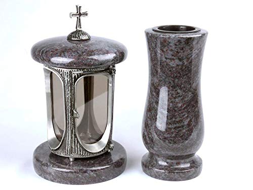designgrab Alu Grablampe aus Aluminium in Antikoptik mit Kreuz und Grabvase in Granit Orion von designgrab
