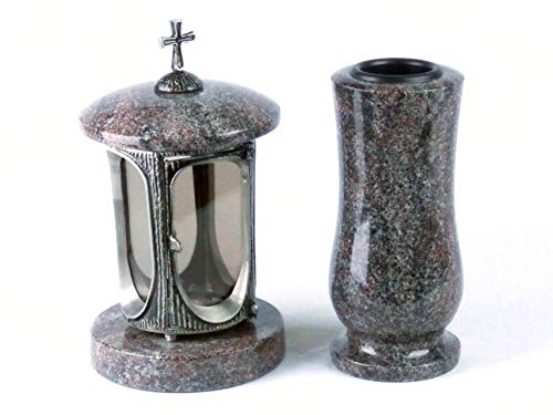 designgrab Alu Grablampe aus Aluminium in Antikoptik mit Kreuz und Grabvase in Granit Paradiso von designgrab