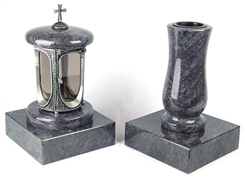 designgrab Alu Grablampe aus Aluminium in Antikoptik mit Kreuz und Grabvase und 2 Stück Sockel eckig in Granit Orion von designgrab