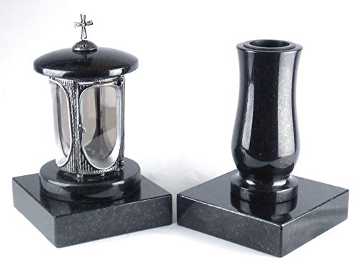 designgrab Alu Grablampe aus Aluminium in Antikoptik mit Kreuz und Grabvase und 2 Stück Sockel eckig in Granit Schwedisch Black von designgrab
