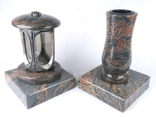 designgrab Alu Grablampe aus Aluminium in Antikoptik und Grabvase und 2 Stück Sockel eckig in Granit Gneis Halmstad von designgrab