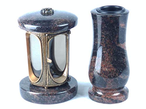 designgrab Grablampe aus messingfarbenem Aluminium in Antikoptik und Grabvase in Granit Aurora von designgrab