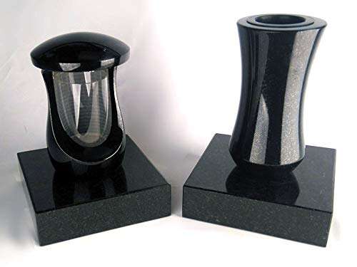 designgrab Grablampe Cerres, Grabvase Atria und 2 Stück Sockel aus Granit Schwedisch Black, Grabschmuckset von designgrab