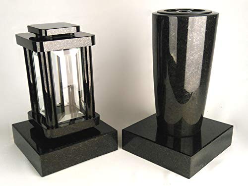 designgrab Grablampe Modern mit Vase Elegance und 2 Stück Sockel aus Granit Schwedisch Black SS1 schwarz, Grabschmuckset von designgrab