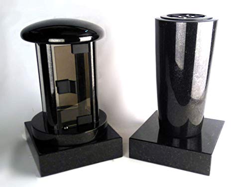 designgrab Grablampe Tao, Grabvase Elegance XL und 2 Stück Sockel aus Granit Schwedisch Black von designgrab