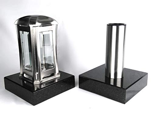 designgrab Grablampe Venezia und Grabvase Tube aus Edelstahl mit 2 Stück Granitsockel in Schwedisch Black SS1 von designgrab