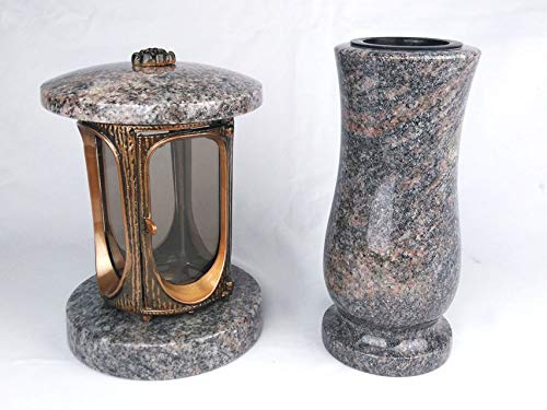 designgrab Grablampe aus messingfarbenem Aluminium in Antikoptik und Grabvase in Granit Himalaya von designgrab