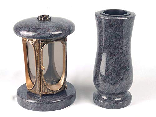 designgrab Grablampe aus messingfarbenem Aluminium in Antikoptik und Grabvase in Granit Orion von designgrab