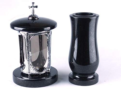designgrab Grablampe aus verchromtem Aluminium mit Kreuz und Grabvase in Granit Schwedisch Black von designgrab