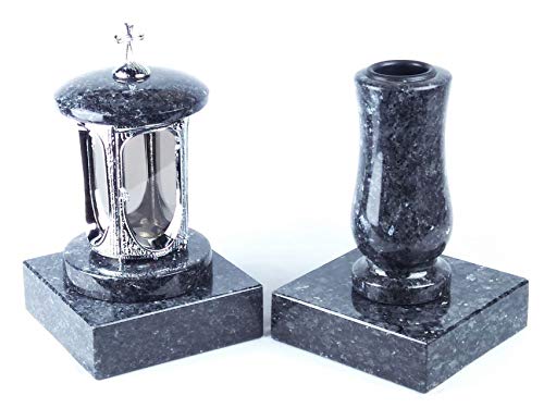 designgrab Grablampe aus verchromtem Aluminium mit Kreuz und Grabvase und 2 Stück Sockel eckig in Granit Labrador Blue Pearl BP von designgrab
