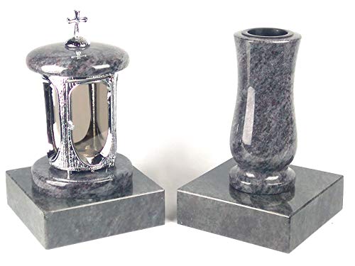 designgrab Grablampe aus verchromtem Aluminium mit Kreuz und Grabvase und 2 Stück Sockel eckig in Granit Orion von designgrab