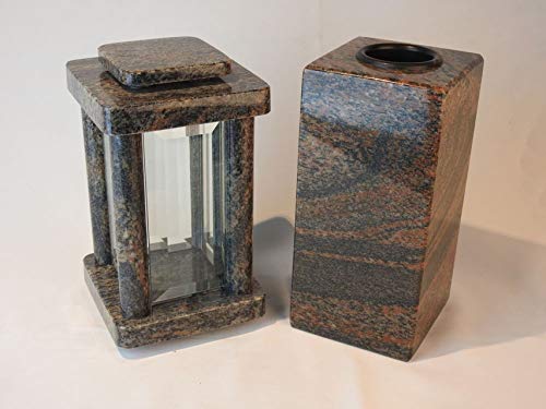 designgrab Modern Grablampe mit Cube-medium Vase aus Granit Gneis Halmstad, Grabschmuckset von designgrab